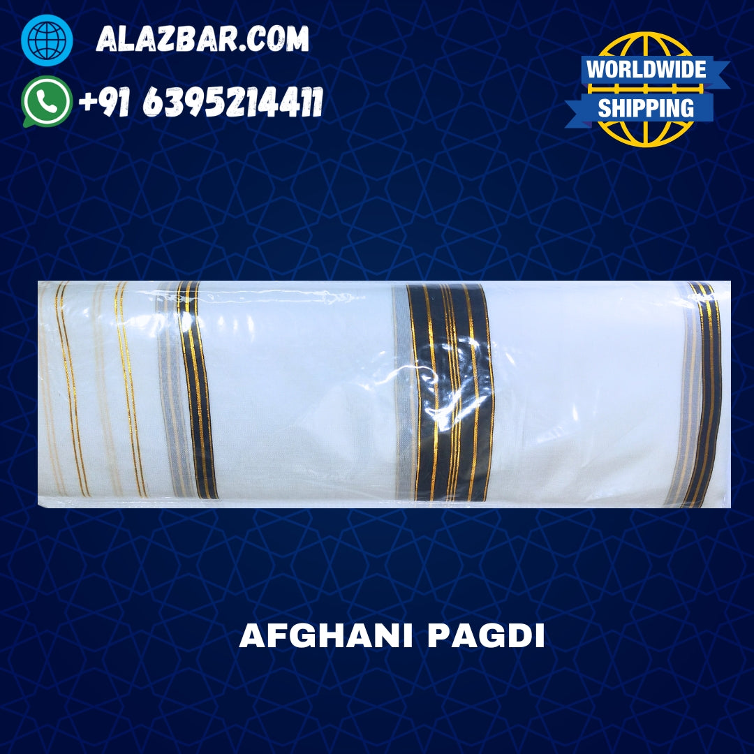 Afghani Original White colour pagdi with golden line's , Turban, Amama, Safa 5 meter lenght ONLY FABRIC by AL-AZBAR