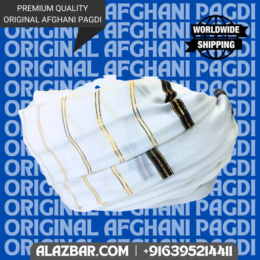 Afghani Original White colour pagdi with golden line's , Turban, Amama, Safa 5 meter lenght ONLY FABRIC by AL-AZBAR