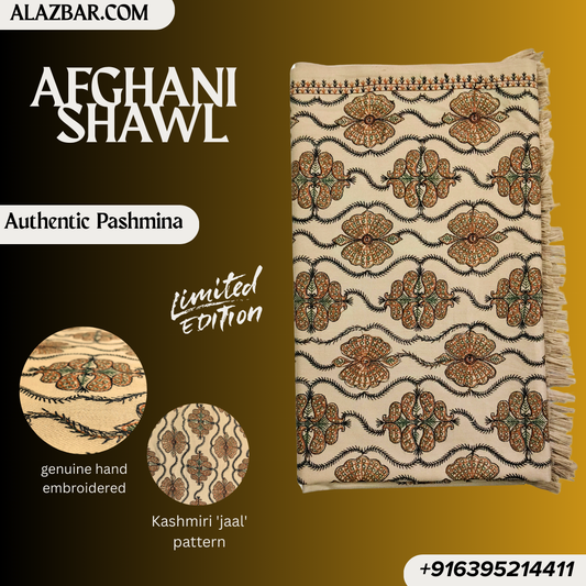 Afghani Royal Pashmina Shawl – Hand-Embroidered Kashmiri Jaal Limited Edition ( 76x38 inch - 193x97 cm ) Best For Wedding Look From ALAZBAR