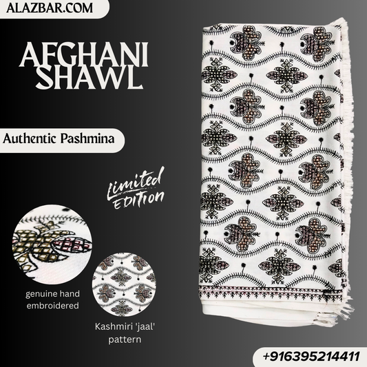 Afghani Royal Pashmina Shawl – Hand-Embroidered Kashmiri Jaal Limited Edition ( 76x38 inch - 193x97 cm ) Best For Wedding Look From ALAZBAR