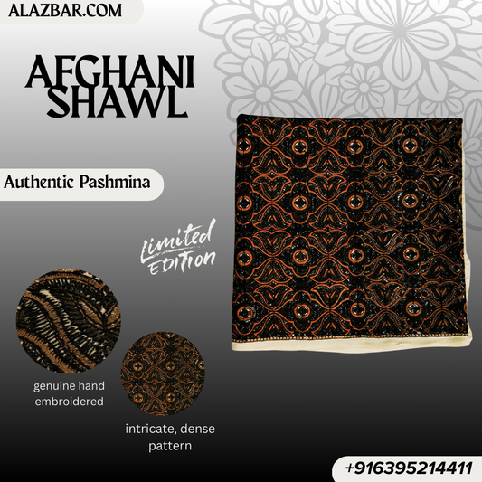 Limited Edition Afghani Hand-Embroidered Pashmina Shawl – Wedding Royal Look | 76x38 inch (193x97 cm) – By AL-AZBAR