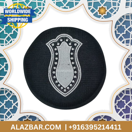 NALIAN BLACK Namaz Cap with SILVER NALAIN – Premium Prayer Topi (56/22) – Hieght 3 inch | Handcrafted by Al Azbar