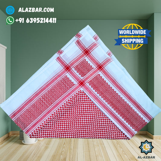 Saudi Arab Shaikh White and Red Shemagh Scarf Rumaal | Premium Traditional Keffiyeh by AL-AZBAR
