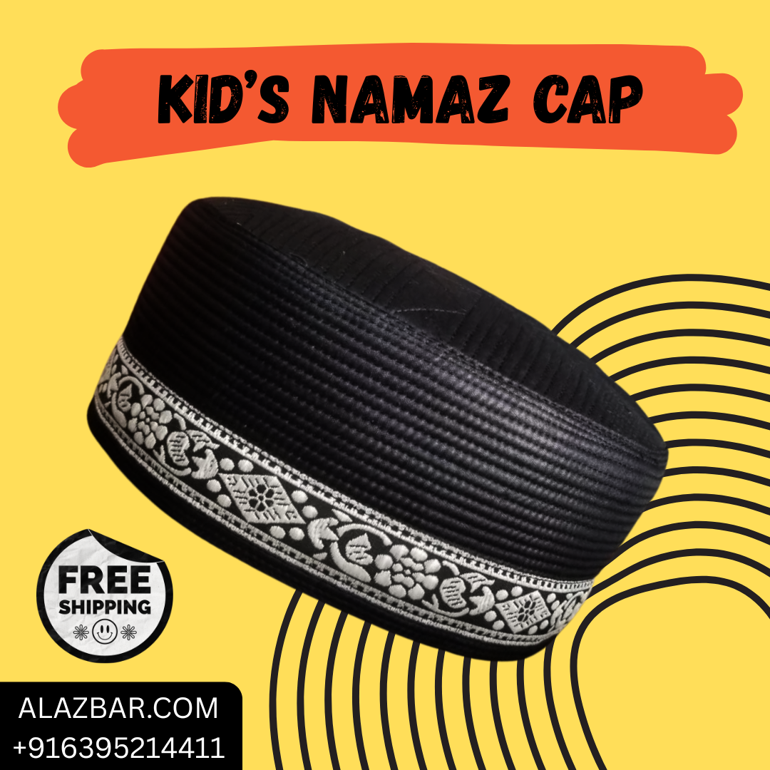 Special Kids Namaz Cap (3–8 Years) – Premium Black Prayer Cap with Islamic Embroidery Made in Bangladesh AL-AZBAR
