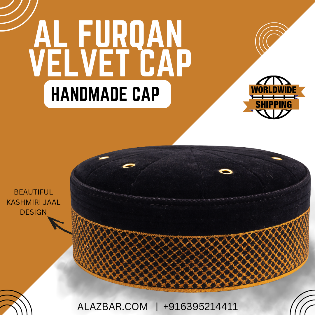 AL FURQAN Velvet Namaz Cap – Handmade Kashmiri Jaal Design | Premium Black & Gold Prayer Cap for Eid, Ramadan & Wedding FROM AL AZBAR