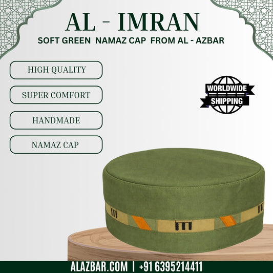 AL IMRAN Green Namaz Cap with Elegant Border Design (55/21.5) by AL-AZBAR | Premium Islamic Prayer Topi | Breathable Cotton | 3 Inch Regular Height | Limited Edition