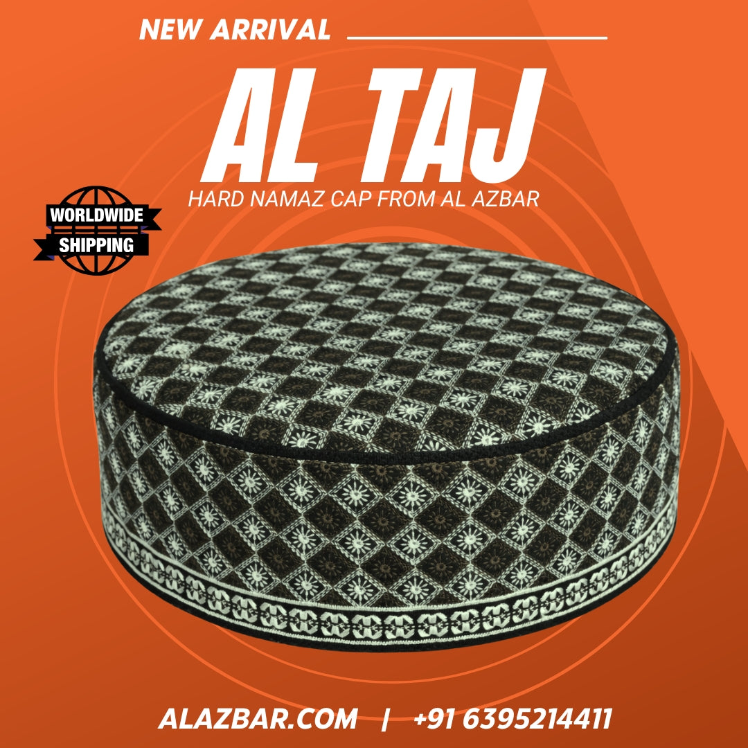 AL TAJ Hard Namaz Cap (56/22) by AL-AZBAR | Premium Designer Prayer Topi | Black & White Pattern | 3 Inch Regular Height