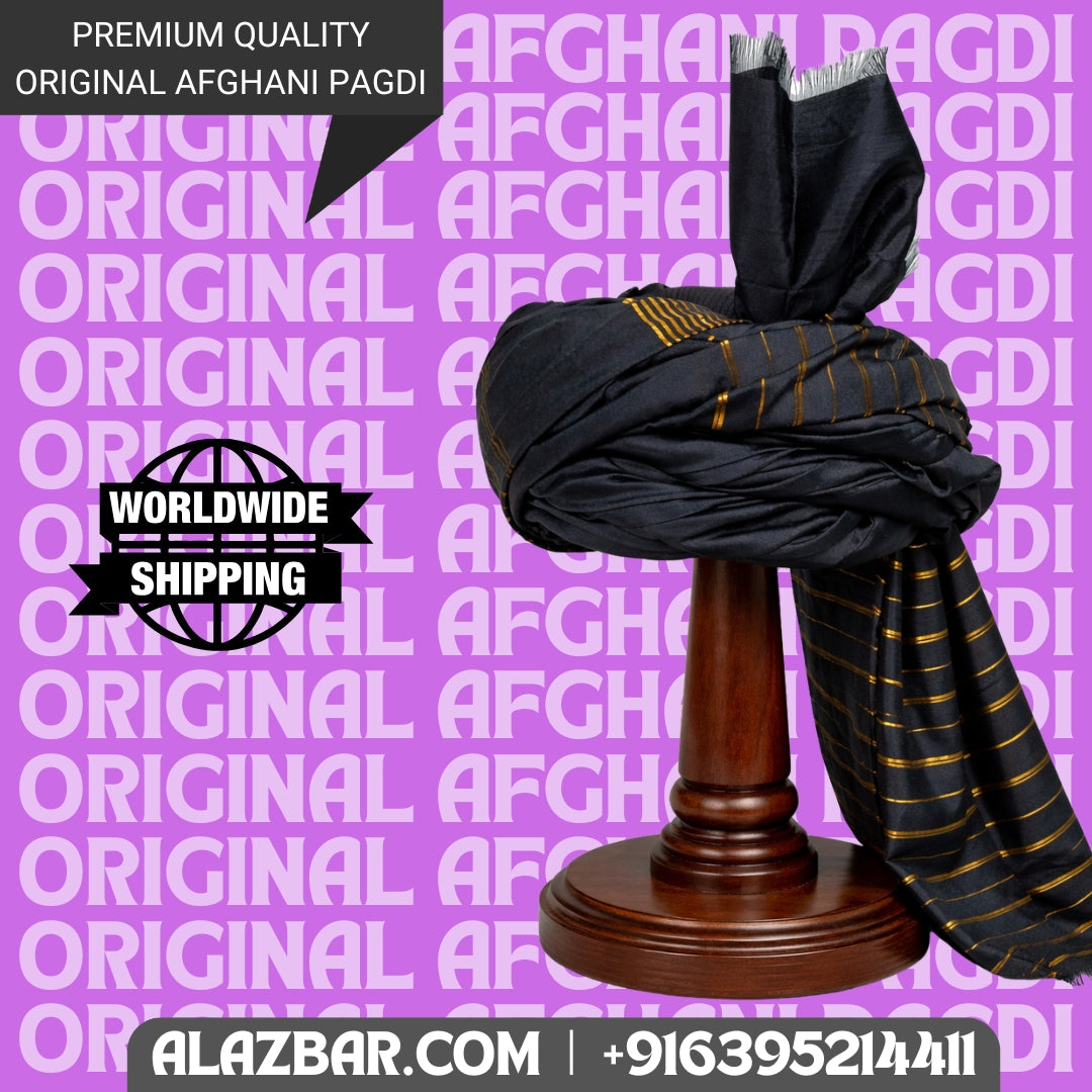 Afghani Original BLACK colour pagdi with golden line's Turban, Amama, Safa  | 5 meter | by AL-AZBAR