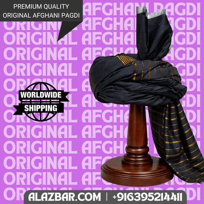 Afghani Original BLACK colour pagdi with golden line's Turban, Amama, Safa  | 5 meter | by AL-AZBAR