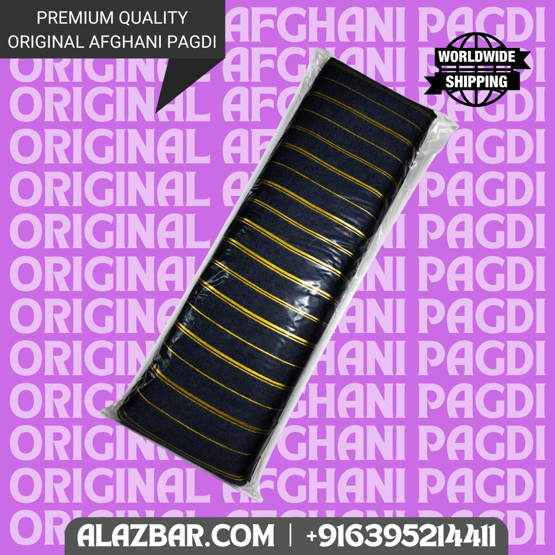 Afghani Original BLACK colour pagdi with golden line's Turban, Amama, Safa  | 5 meter | by AL-AZBAR