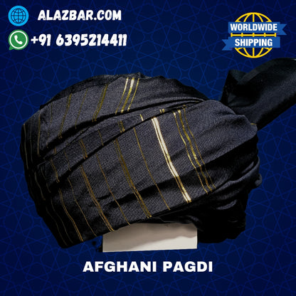 Afghani Original BLACK colour pagdi with golden line's   Turban, Amama, Safa  | 5 meter | by AL-AZBAR