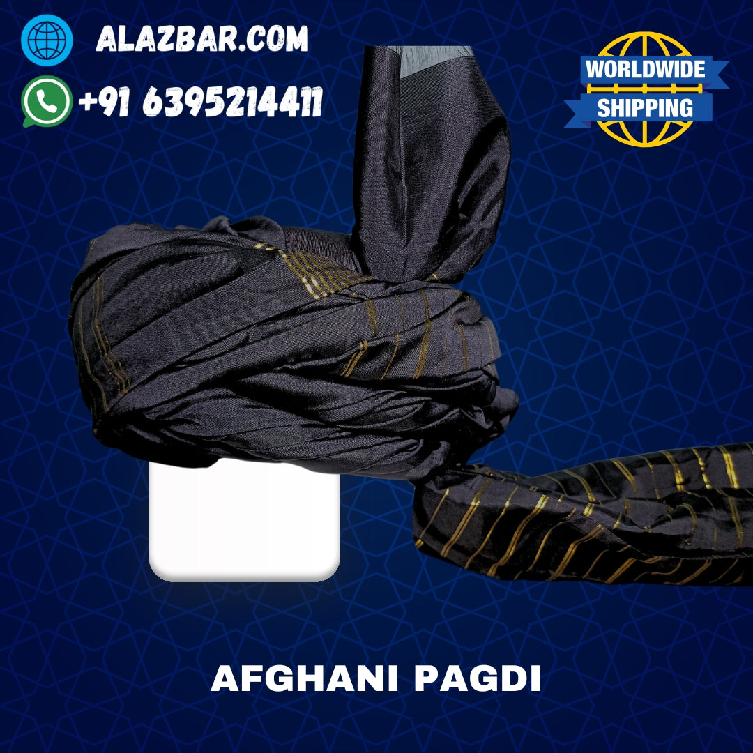 Afghani Original BLACK colour pagdi with golden line's   Turban, Amama, Safa  | 5 meter | by AL-AZBAR