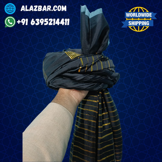 Afghani Original BLACK colour pagdi with golden line's   Turban, Amama, Safa  | 5 meter | by AL-AZBAR