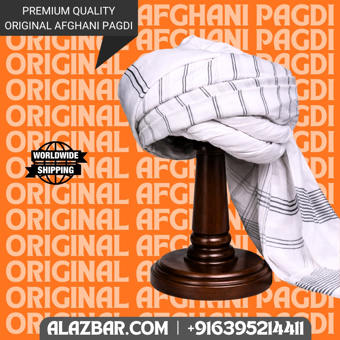 Afghani Original White With Black Lines Pagdi, Safa, Amama 5 meter lenght ONLY FABRIC by AL-AZBAR