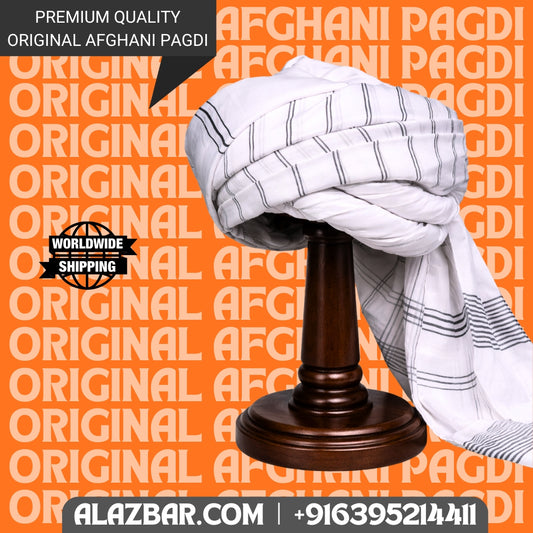 Afghani Original White With Black Lines Pagdi, Safa, Amama 5 meter lenght ONLY FABRIC by AL-AZBAR
