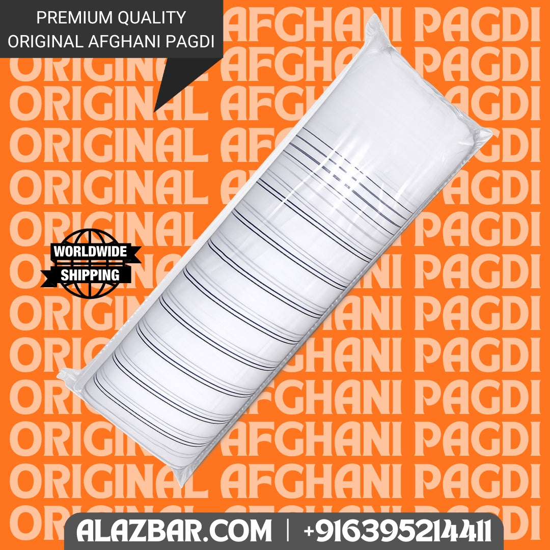 Afghani Original White With Black Lines Pagdi, Safa, Amama 5 meter lenght ONLY FABRIC by AL-AZBAR