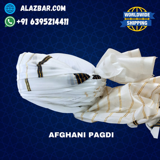 Afghani Original White colour pagdi with golden line's , Turban, Amama, Safa 5 meter lenght ONLY FABRIC by AL-AZBAR