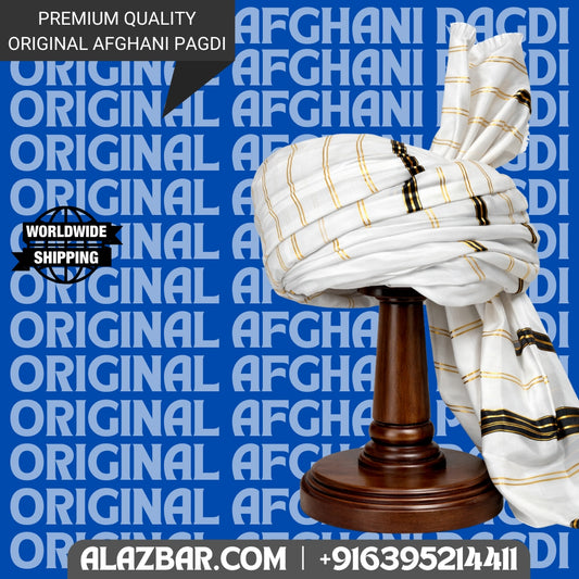 Afghani Original White colour pagdi with golden line's , Turban, Amama, Safa 5 meter lenght ONLY FABRIC by AL-AZBAR
