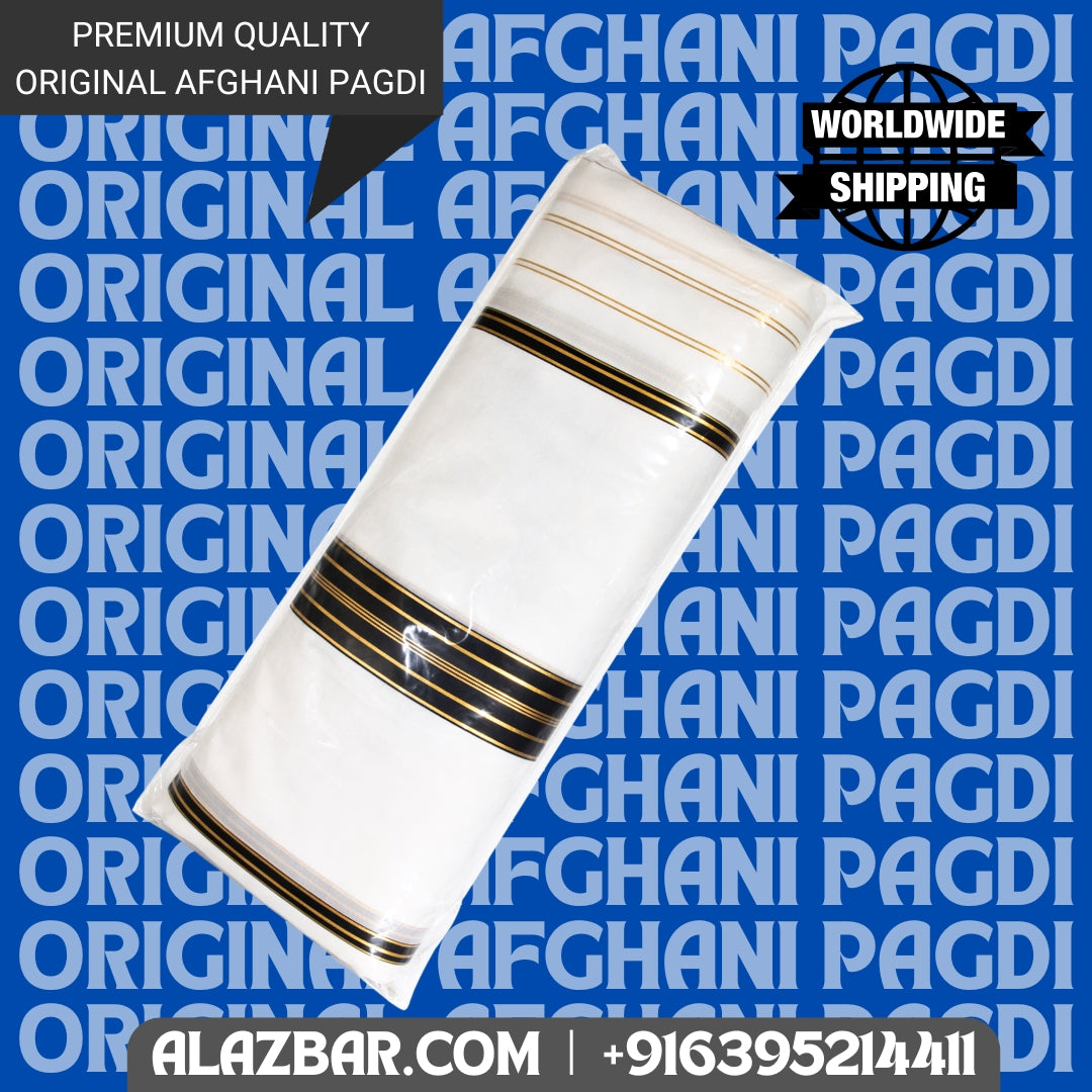 Afghani Original White colour pagdi with golden line's , Turban, Amama, Safa 5 meter lenght ONLY FABRIC by AL-AZBAR