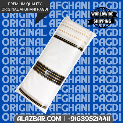 Afghani Original White colour pagdi with golden line's , Turban, Amama, Safa 5 meter lenght ONLY FABRIC by AL-AZBAR