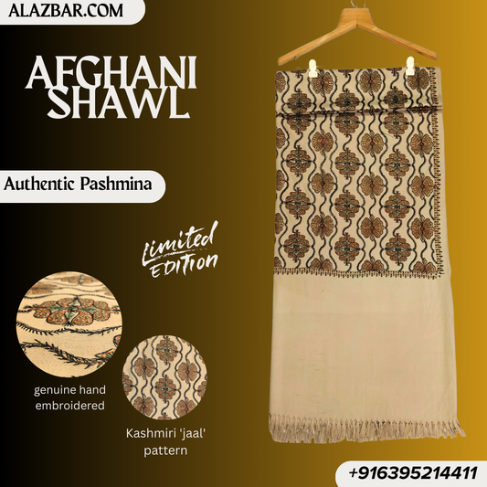 Afghani Royal Pashmina Shawl – Hand-Embroidered Kashmiri Jaal Limited Edition ( 76x38 inch - 193x97 cm ) Best For Wedding Look From ALAZBAR