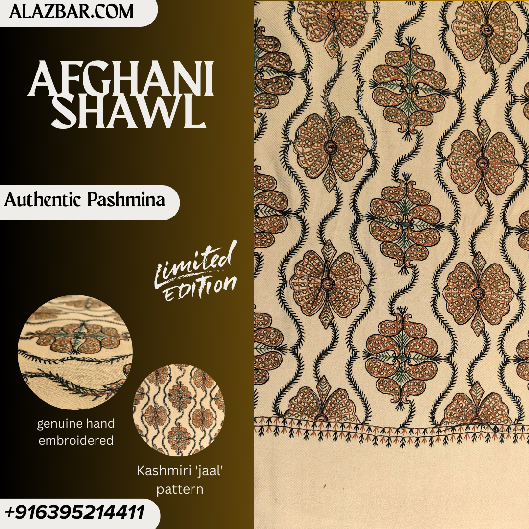Afghani Royal Pashmina Shawl – Hand-Embroidered Kashmiri Jaal Limited Edition ( 76x38 inch - 193x97 cm ) Best For Wedding Look From ALAZBAR