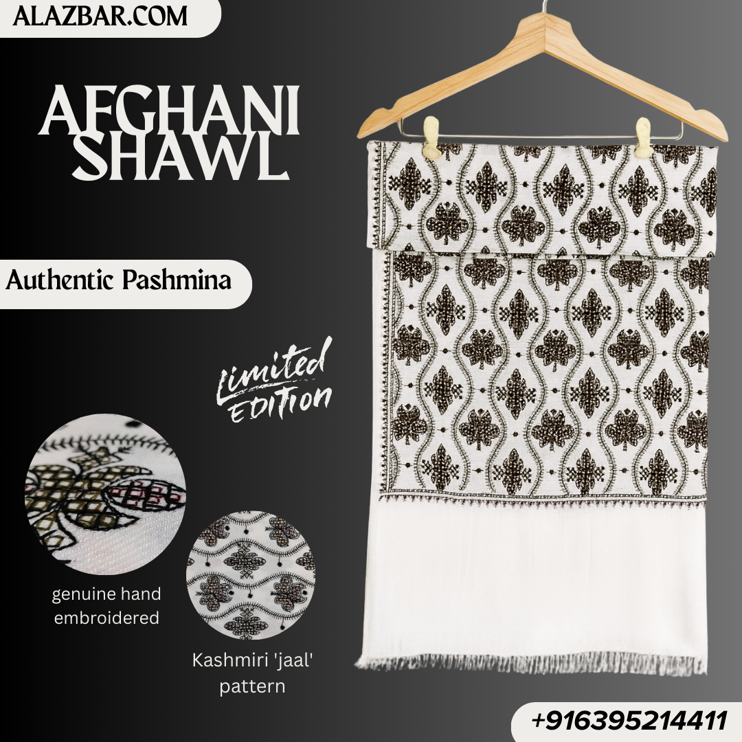 Afghani Royal Pashmina Shawl – Hand-Embroidered Kashmiri Jaal Limited Edition ( 76x38 inch - 193x97 cm ) Best For Wedding Look From ALAZBAR