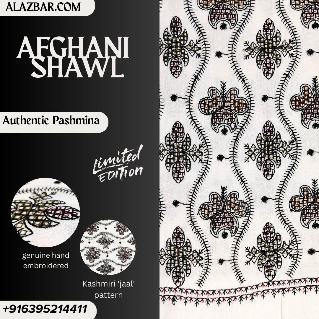 Afghani Royal Pashmina Shawl – Hand-Embroidered Kashmiri Jaal Limited Edition ( 76x38 inch - 193x97 cm ) Best For Wedding Look From ALAZBAR