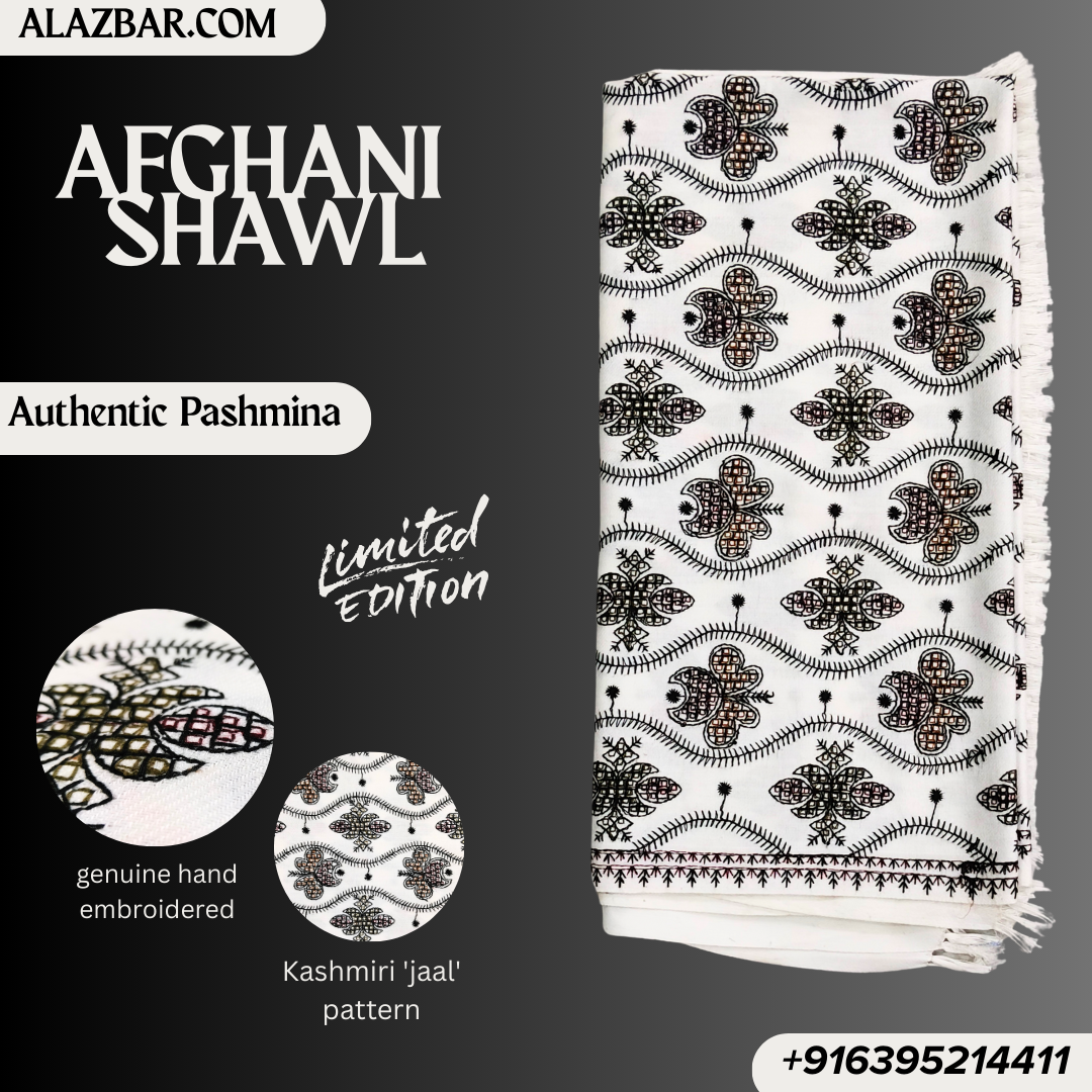 Afghani Royal Pashmina Shawl – Hand-Embroidered Kashmiri Jaal Limited Edition ( 76x38 inch - 193x97 cm ) Best For Wedding Look From ALAZBAR