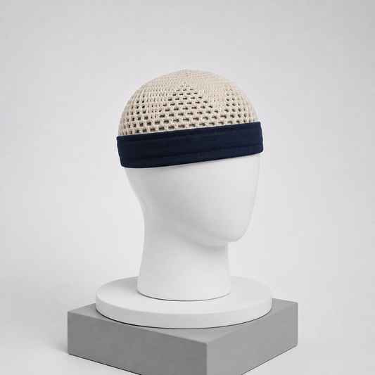 Damishq Cap D001 Cream & Navy Blue | Premium Namaz Topi for Men | AL AZBAR