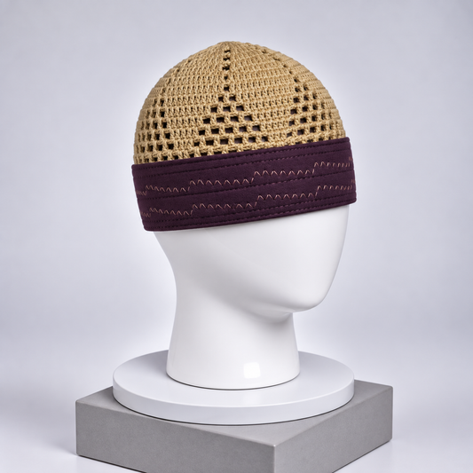 Damishq D015 Beige & Dark Plum Crochet Namaz Cap – Premium Islamic Kufi Topi AL AZBAR