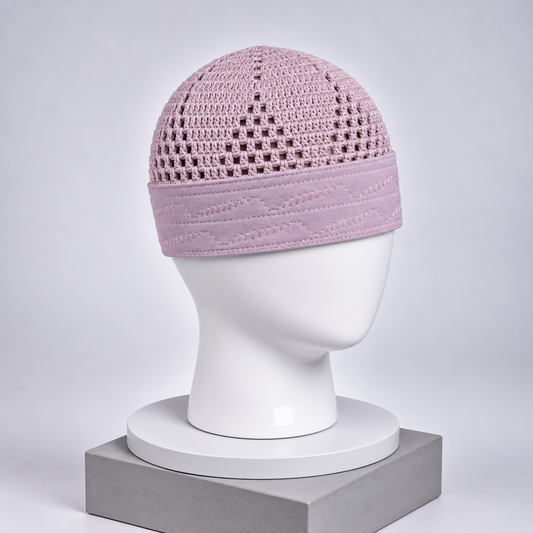 Damishq Light Pink Crochet Namaz Cap – Premium Islamic Kufi Topi AL AZBAR – D013