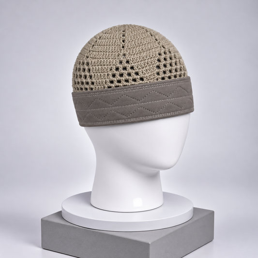 Damishq Beige & Taupe Crochet Namaz Cap – Premium Islamic Kufi Topi AL AZBAR – D014