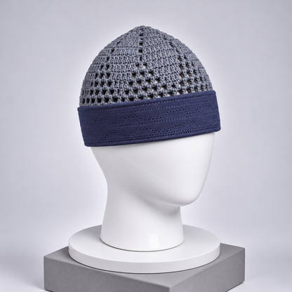 Damishq Blue Grey Crochet Namaz Cap – Premium Islamic Kufi Topi AL AZBAR – D025