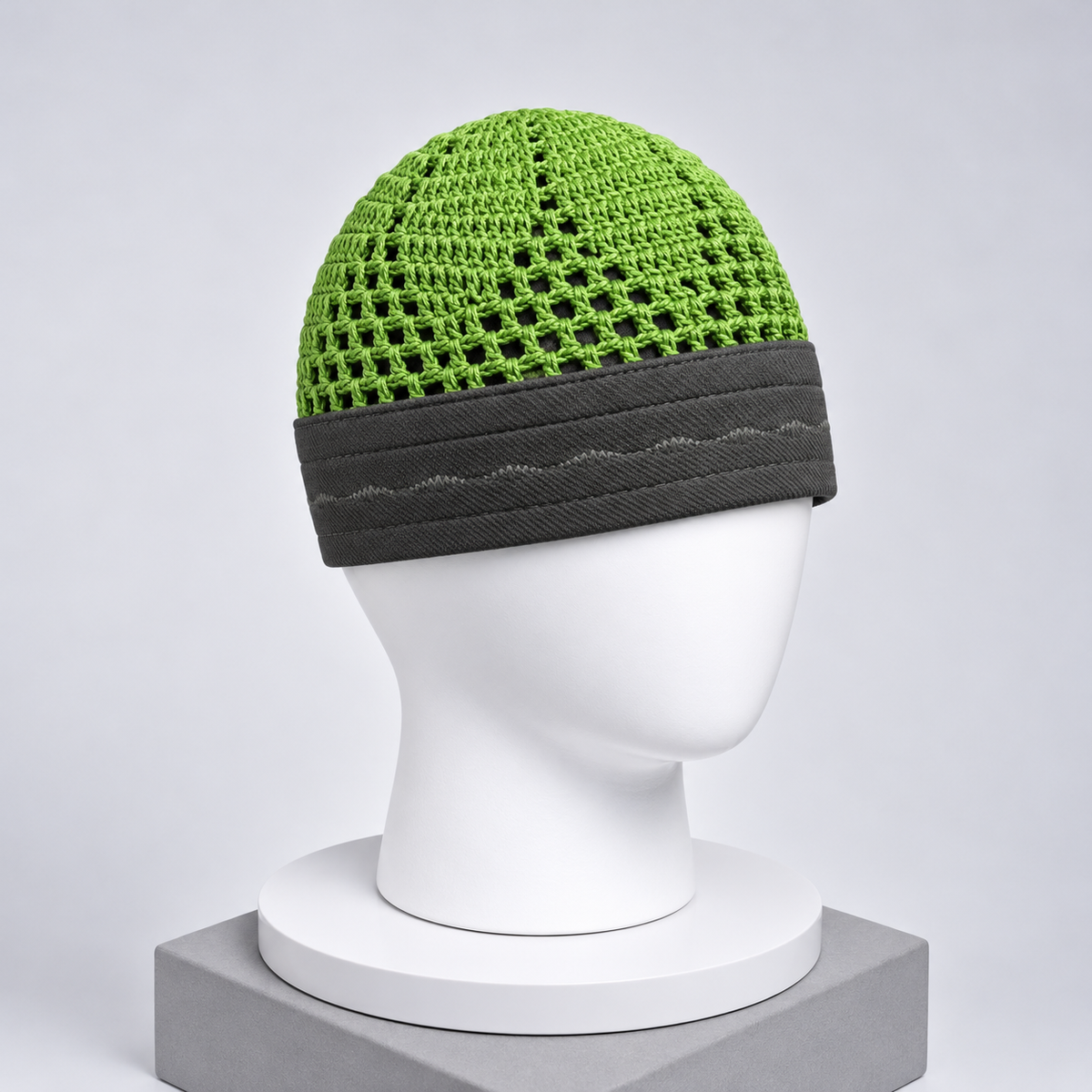Damishq Bright Green & Black Crochet Namaz Cap – Premium Islamic Kufi Topi AL AZBAR – D028