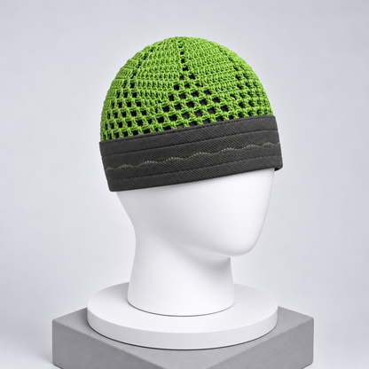 Damishq Bright Green & Black Crochet Namaz Cap – Premium Islamic Kufi Topi AL AZBAR – D028