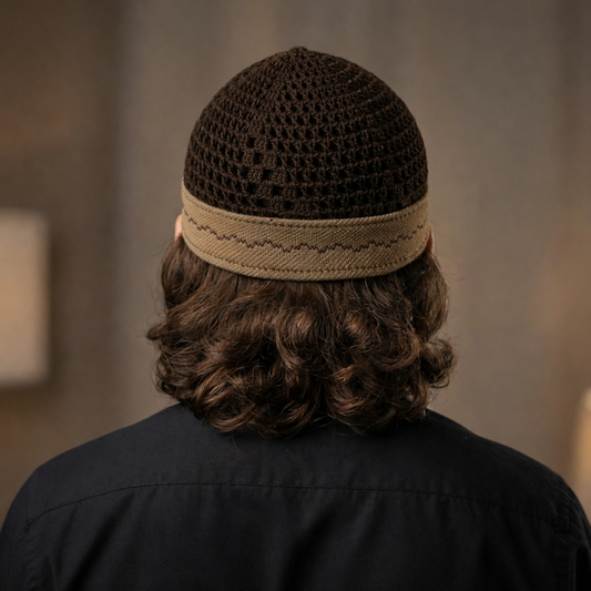 Damishq Cap Dark Brown with Camel Brown Border – Premium Luxury Namaz Cap for Men | AL-AZBAR