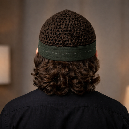 Damishq Cap Dark Brown with Deep Green Border – Royal Premium Namaz Cap for Men | AL-AZBAR