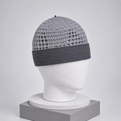Damishq Charcoal Grey Crochet Namaz Cap – Premium Islamic Kufi Topi AL AZBAR – D017