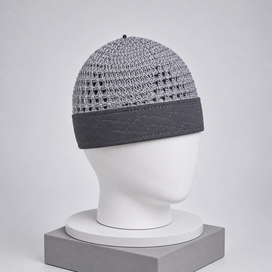 Damishq Charcoal Grey Crochet Namaz Cap – Premium Islamic Kufi Topi AL AZBAR – D017