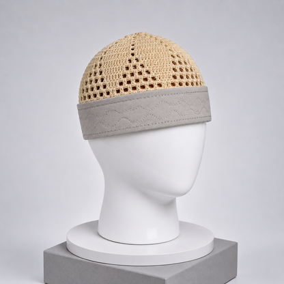 Damishq Cream & Light Grey Crochet Namaz Cap – Premium Islamic Kufi Topi AL AZBAR – D019
