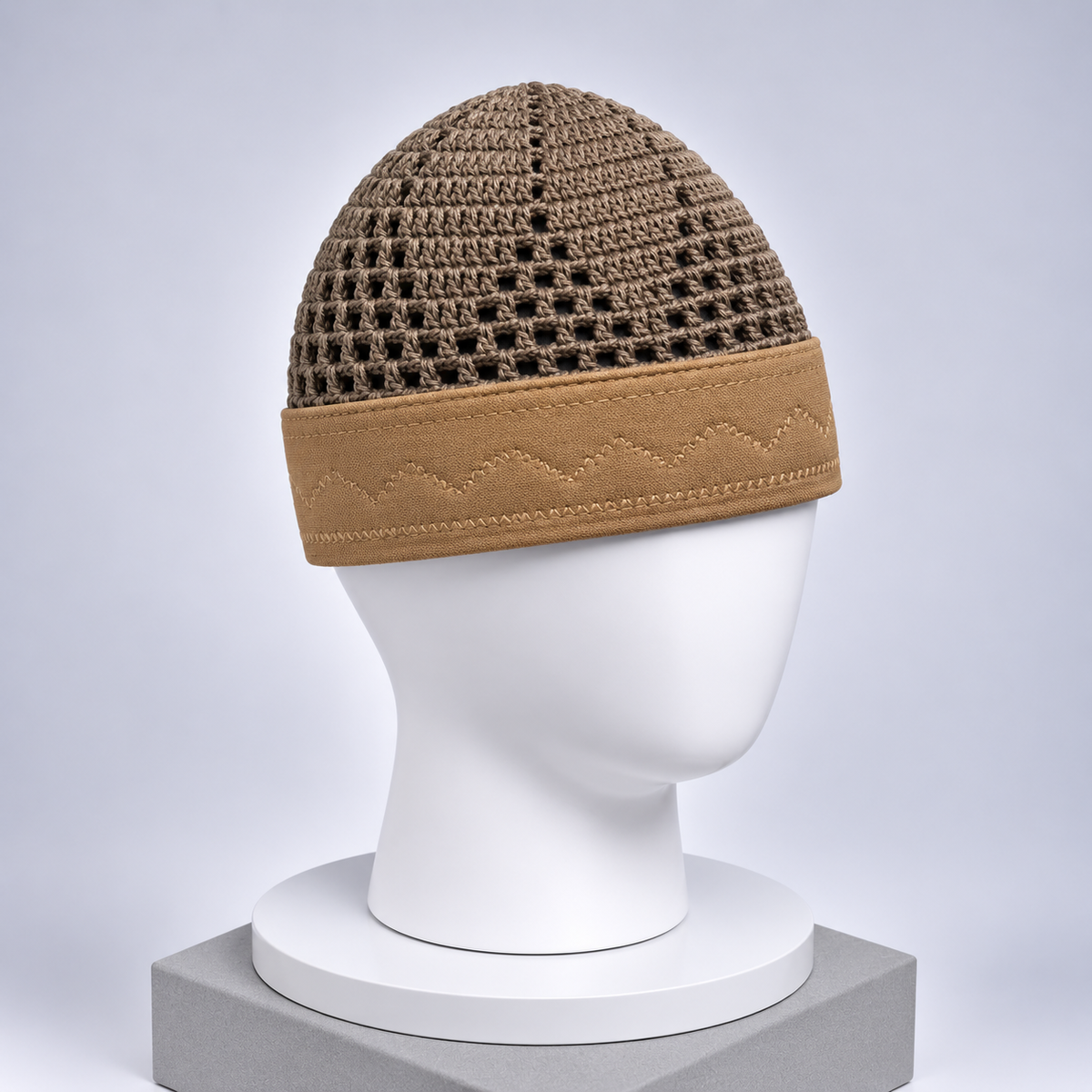 Damishq Dark Brown & Camel Brown Crochet Namaz Cap – Premium Islamic Kufi Topi AL AZBAR – D030