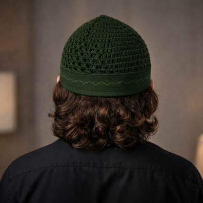 Damishq Dark Green Namaz Cap with Matching Border – Luxury Perfect Fit Prayer Cap for Men  AL-AZBAR Official | D023