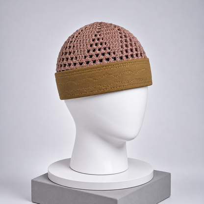 Damishq Dusty Rose & Mustard Crochet Namaz Cap – Premium Islamic Kufi Topi AL AZBAR – D022