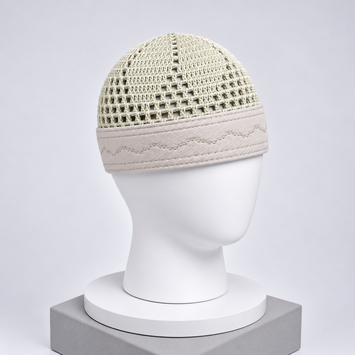 Damishq Off-White & Light Beige Crochet Namaz Cap – Premium Islamic Kufi Topi AL AZBAR – D027