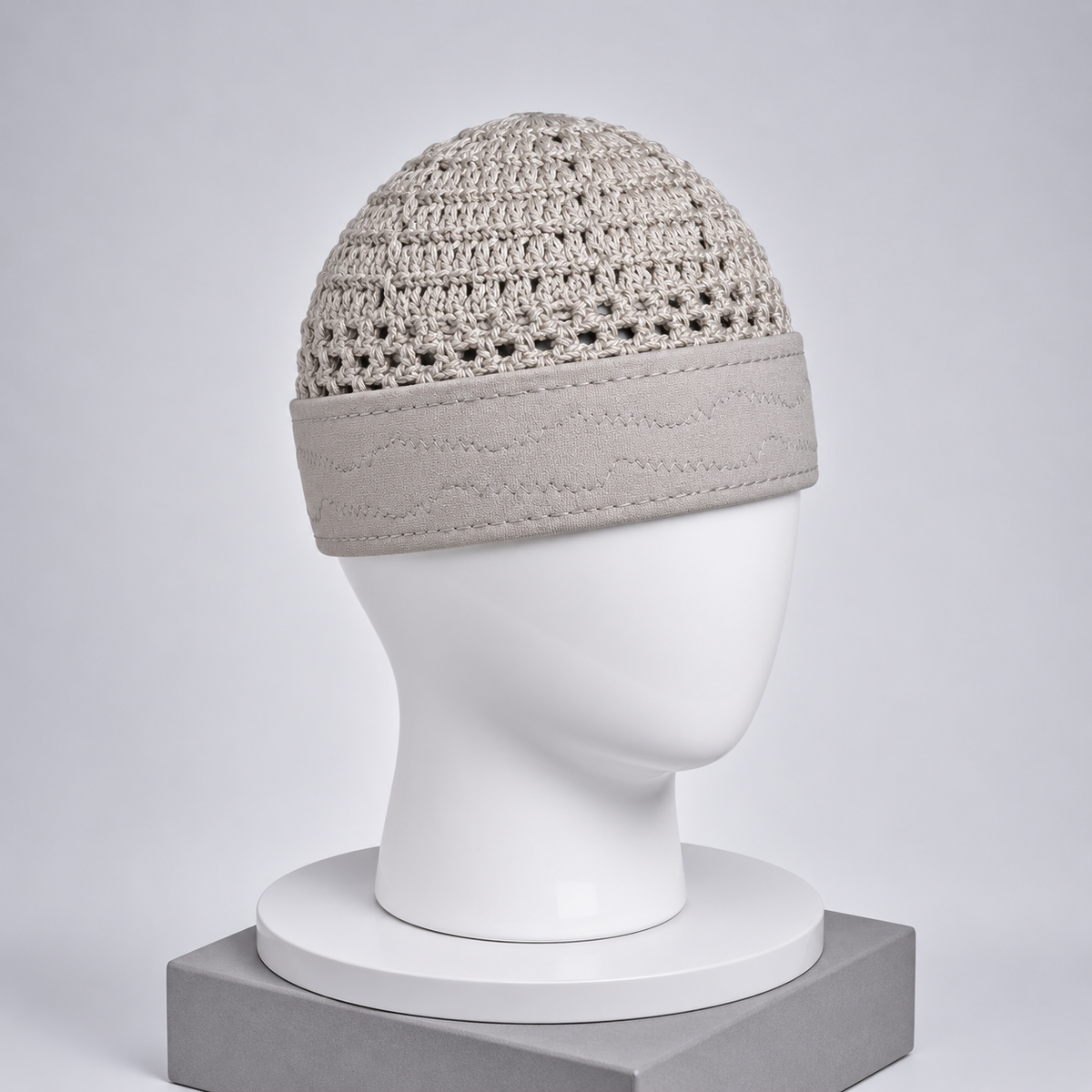 Damishq Off White & Light Grey Crochet Namaz Cap – Premium Islamic Kufi Topi AL AZBAR – D021