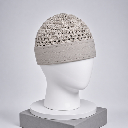 Damishq Off White & Light Grey Crochet Namaz Cap – Premium Islamic Kufi Topi AL AZBAR – D021