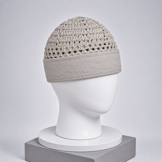 Damishq Off White & Light Grey Crochet Namaz Cap – Premium Islamic Kufi Topi AL AZBAR – D021