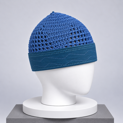 Damishq Royal Blue & Teal Crochet Namaz Cap – Premium Islamic Kufi Topi AL AZBAR – D018