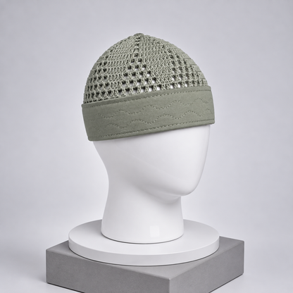 Damishq Sage Green Crochet Namaz Cap – Premium Islamic Kufi Topi AL AZBAR – D020